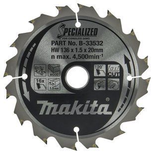 Диск пильный по дереву для аккумуляторных пил 136х20 мм 16T Makita SPECIALIZED B-33532 B-33532 фото